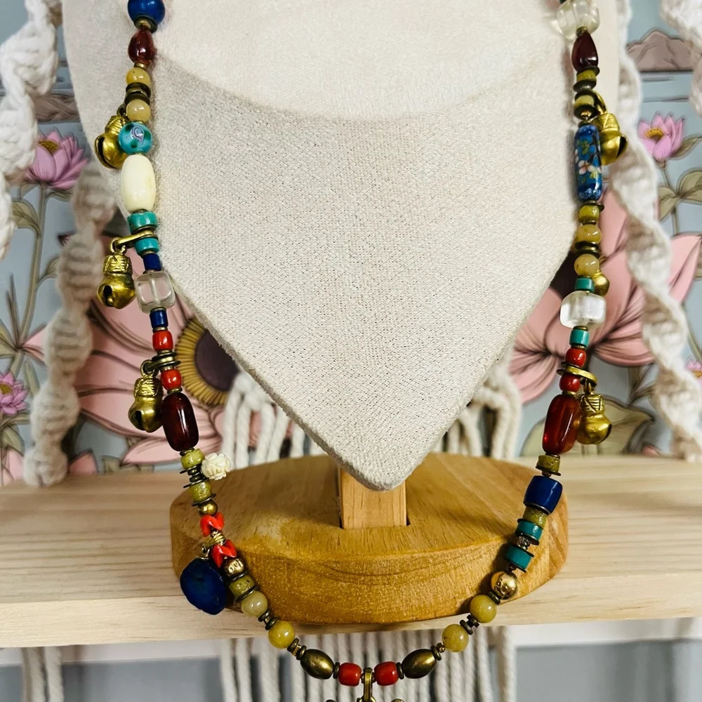 Vintage Tribal‎ Prayer Necklace | Gemstone Beads Brass Pendant | India
